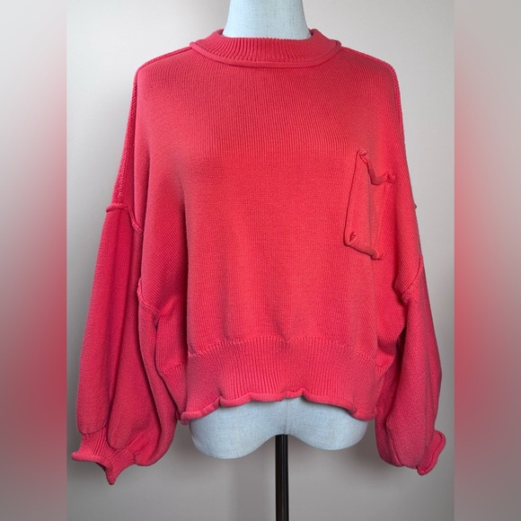 POL Never Let You Go Sweater Coral Pink Dolman Balloon Sleeve Raw Edge - Picture 2 of 8